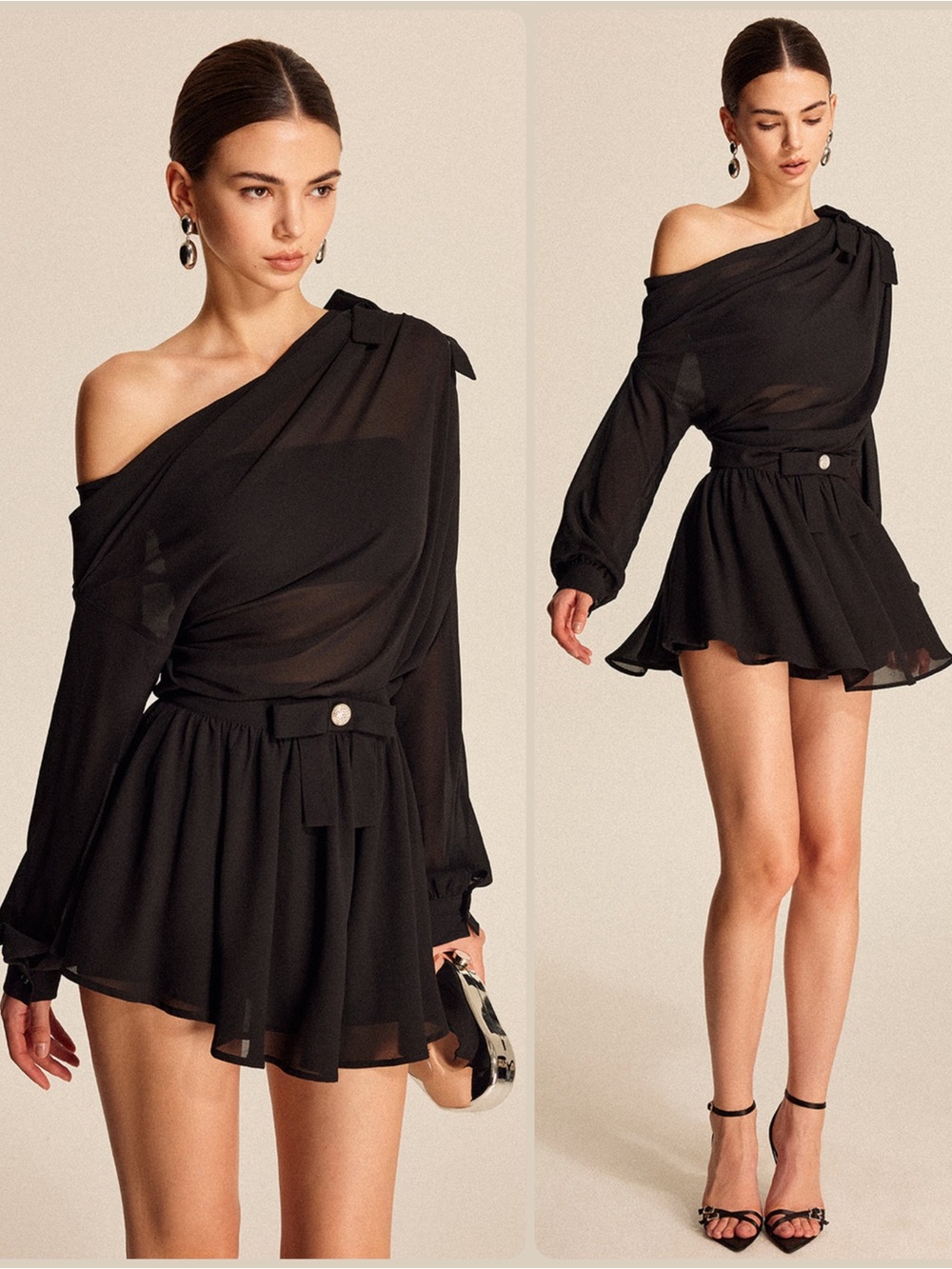 Commense Black Chiffon Semi-Sheer One-Shoulder Bow Detail Top & Mini Skirt SET